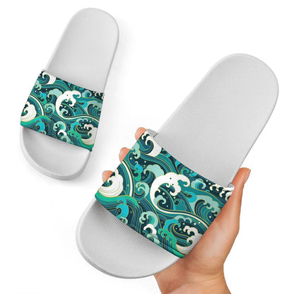 Deep Sea Wave Surfing Pattern Print White Slide Sandals
