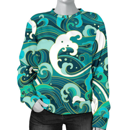 Deep Sea Wave Surfing Pattern Print Women's Crewneck Sweatshirt GearFrost