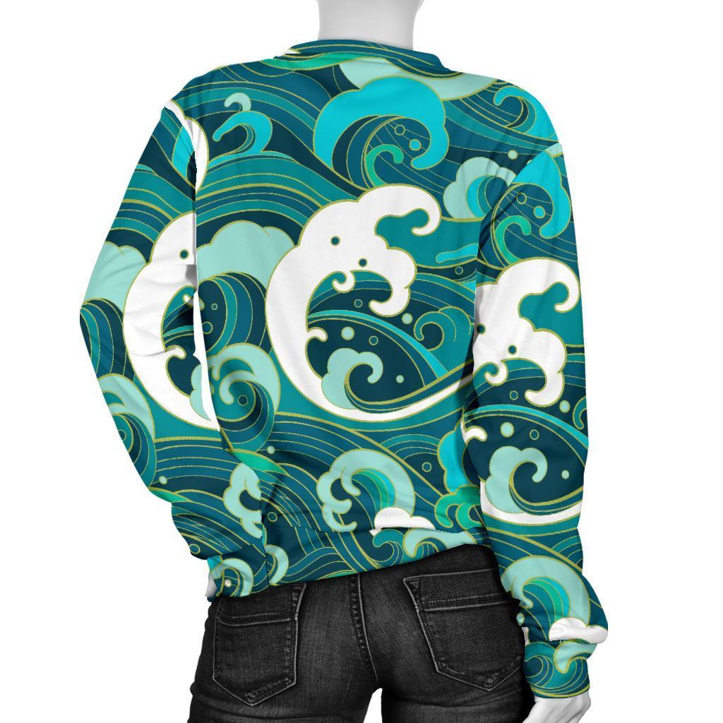 Deep Sea Wave Surfing Pattern Print Women's Crewneck Sweatshirt GearFrost