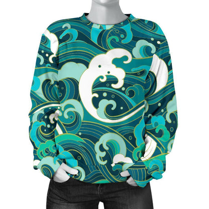 Deep Sea Wave Surfing Pattern Print Women's Crewneck Sweatshirt GearFrost