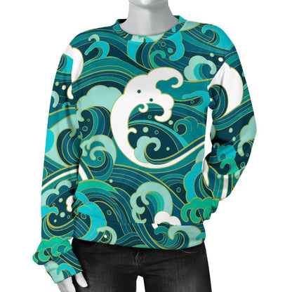 Deep Sea Wave Surfing Pattern Print Women's Crewneck Sweatshirt GearFrost