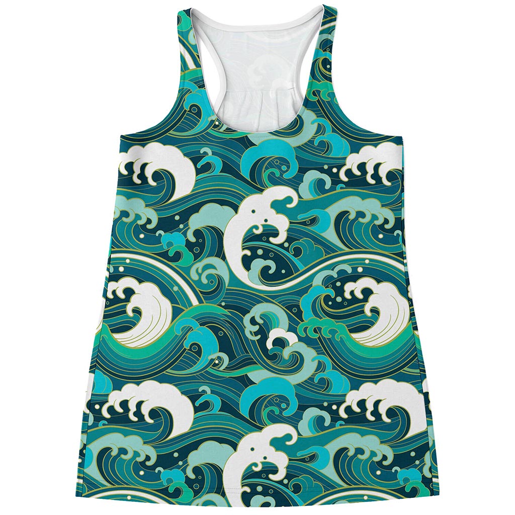 Deep Sea Wave Surfing Pattern Print Women's Racerback Tank Top