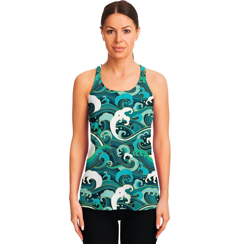 Deep Sea Wave Surfing Pattern Print Women's Racerback Tank Top