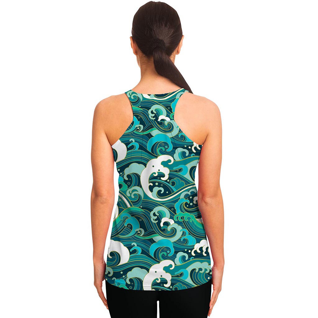 Deep Sea Wave Surfing Pattern Print Women's Racerback Tank Top