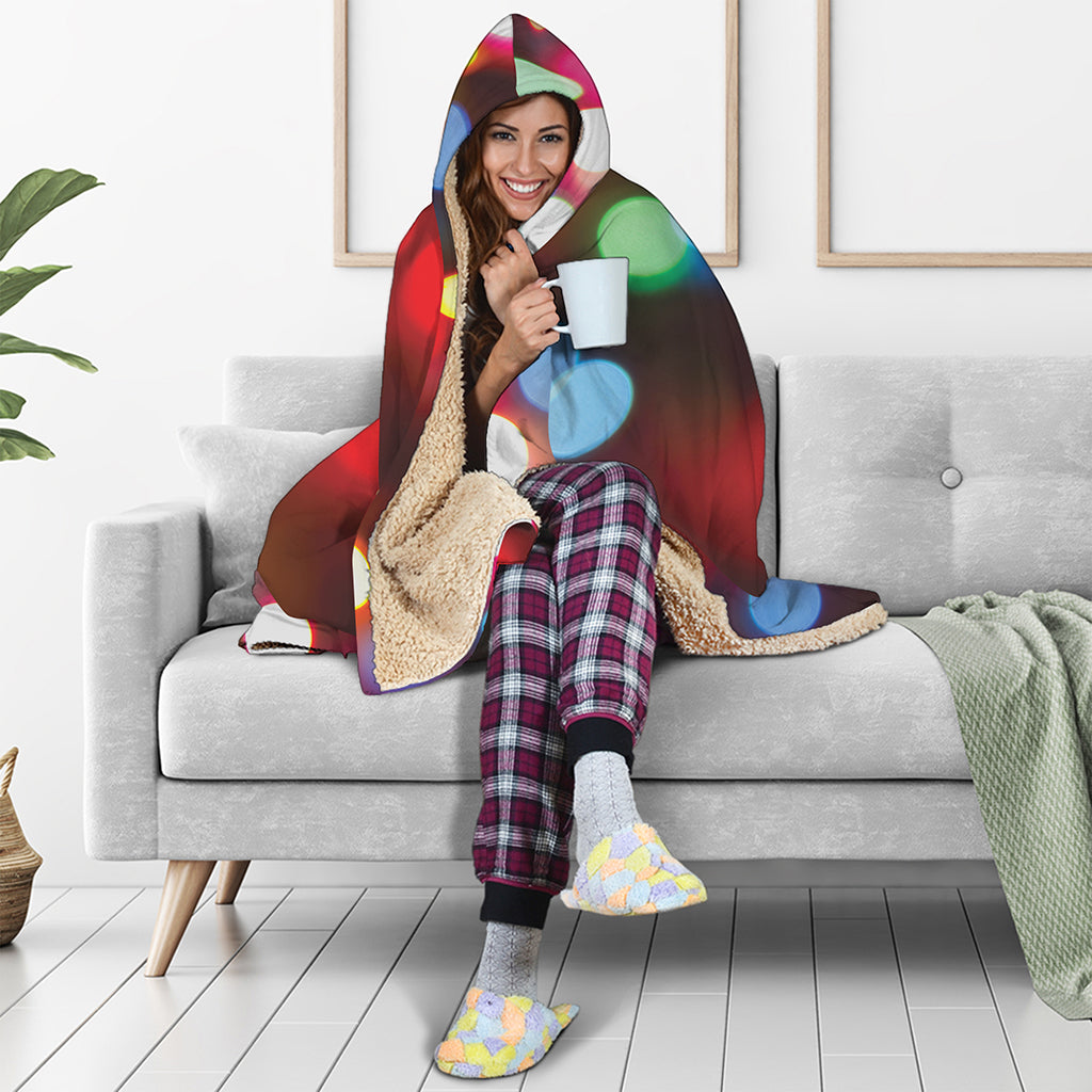 Defocused Christmas Lights Print Hooded Blanket