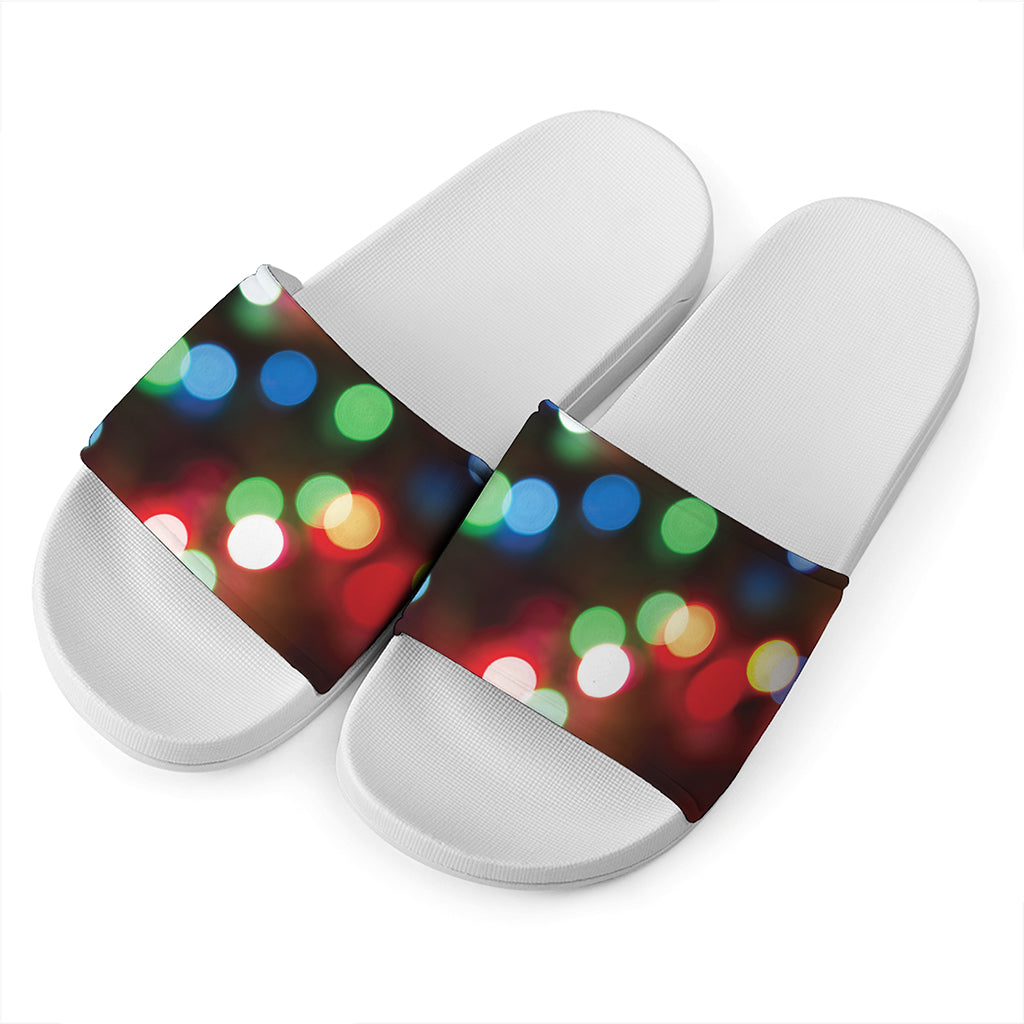 Defocused Christmas Lights Print White Slide Sandals