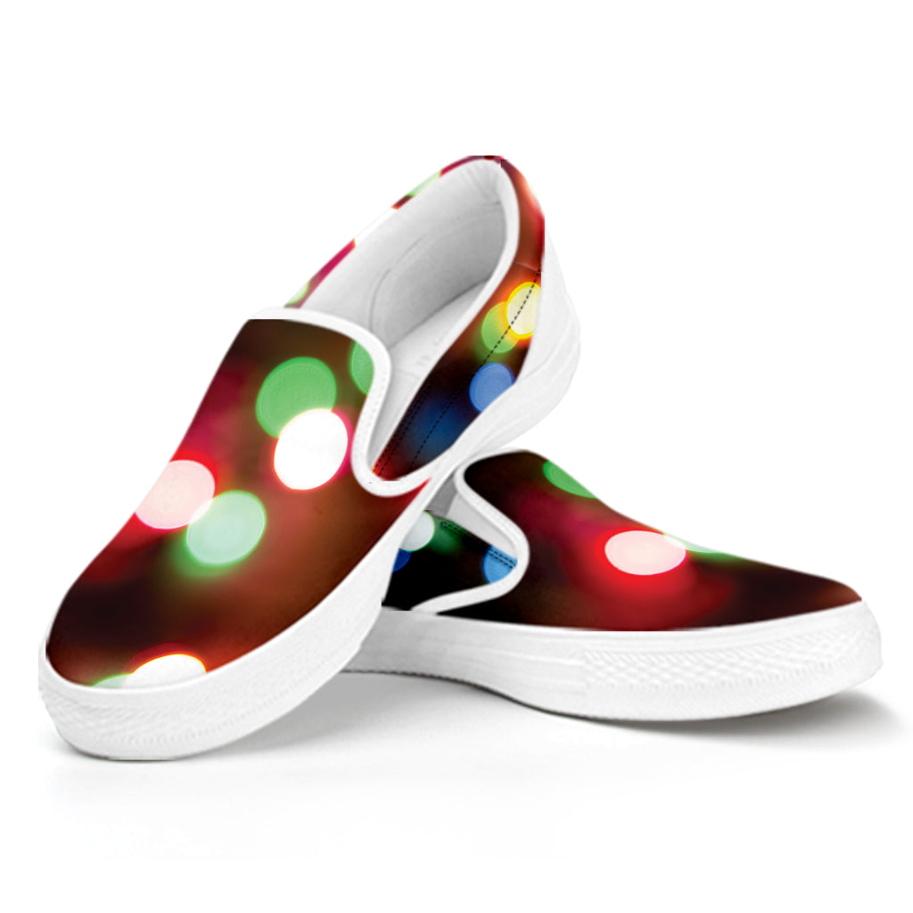 Defocused Christmas Lights Print White Slip On Shoes