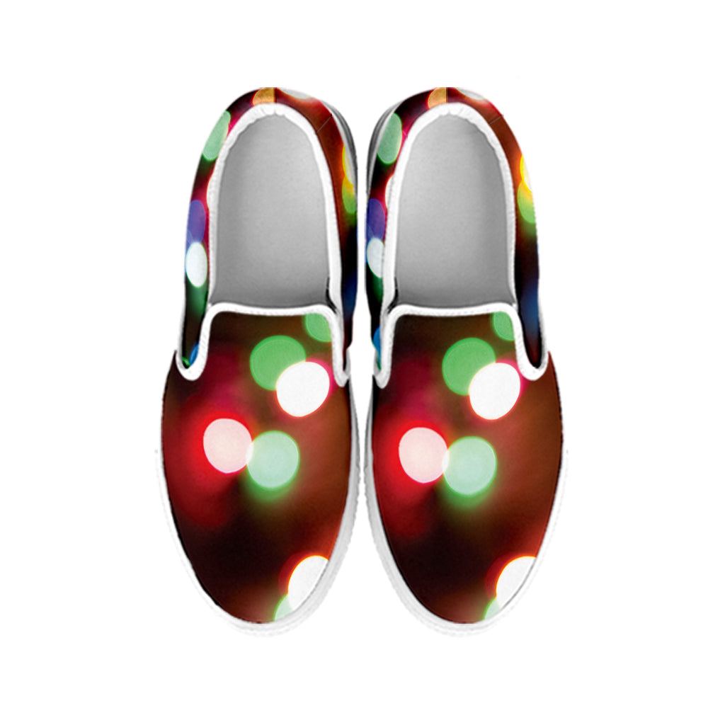Defocused Christmas Lights Print White Slip On Shoes