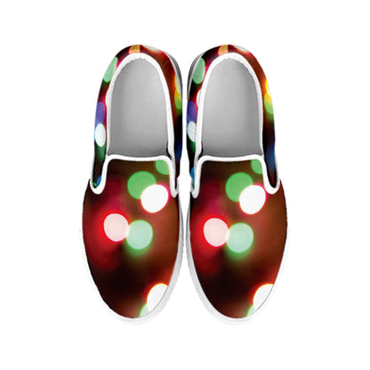 Defocused Christmas Lights Print White Slip On Shoes