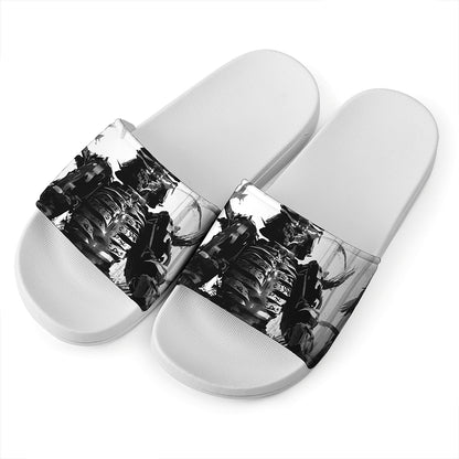 Demon Samurai Print White Slide Sandals