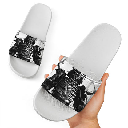 Demon Samurai Print White Slide Sandals