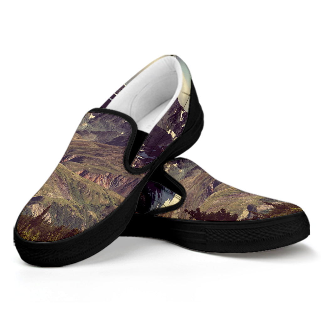 Denali Mountain Print Black Slip On Shoes