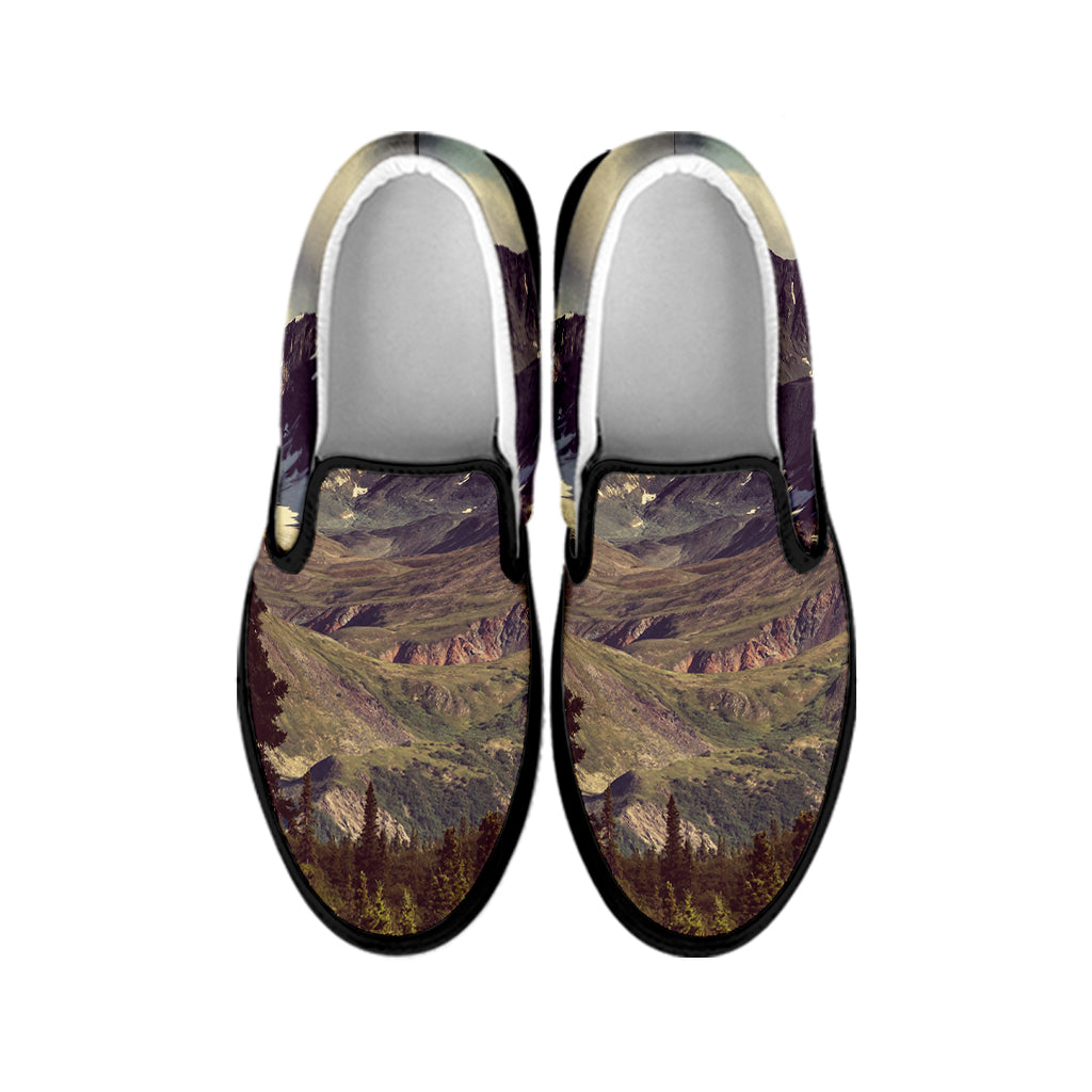 Denali Mountain Print Black Slip On Shoes