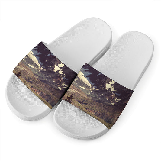 Denali Mountain Print White Slide Sandals