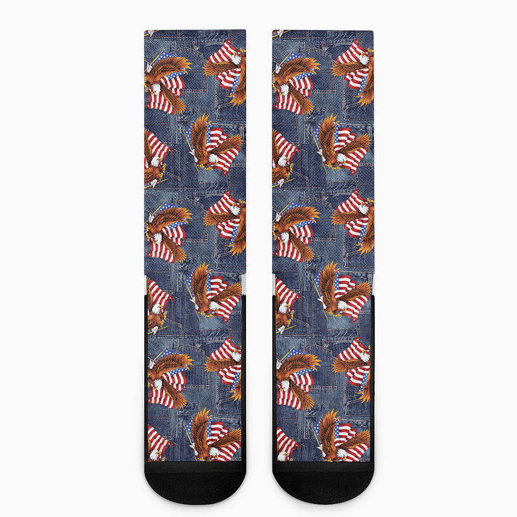 Denim American Eagle Pattern Print Crew Socks