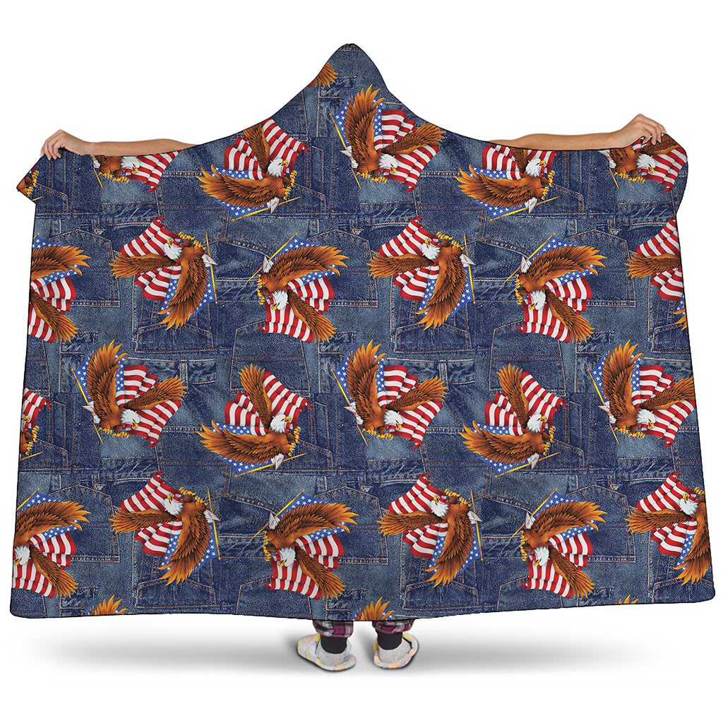 Denim American Eagle Pattern Print Hooded Blanket