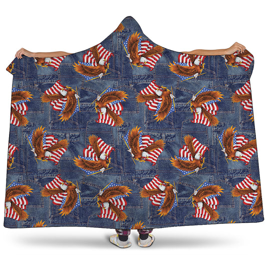 Denim American Eagle Pattern Print Hooded Blanket