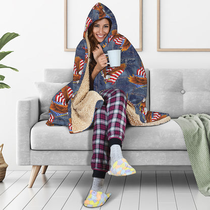 Denim American Eagle Pattern Print Hooded Blanket