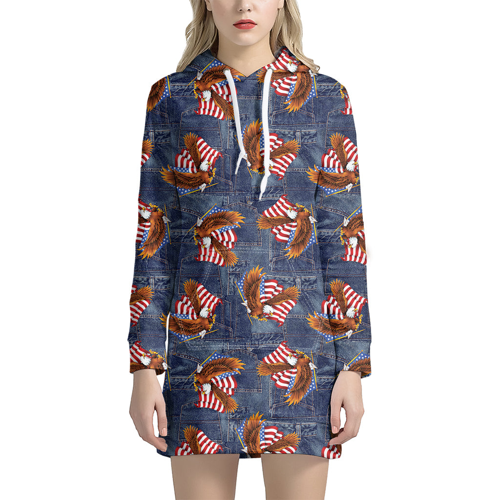 Denim American Eagle Pattern Print Hoodie Dress