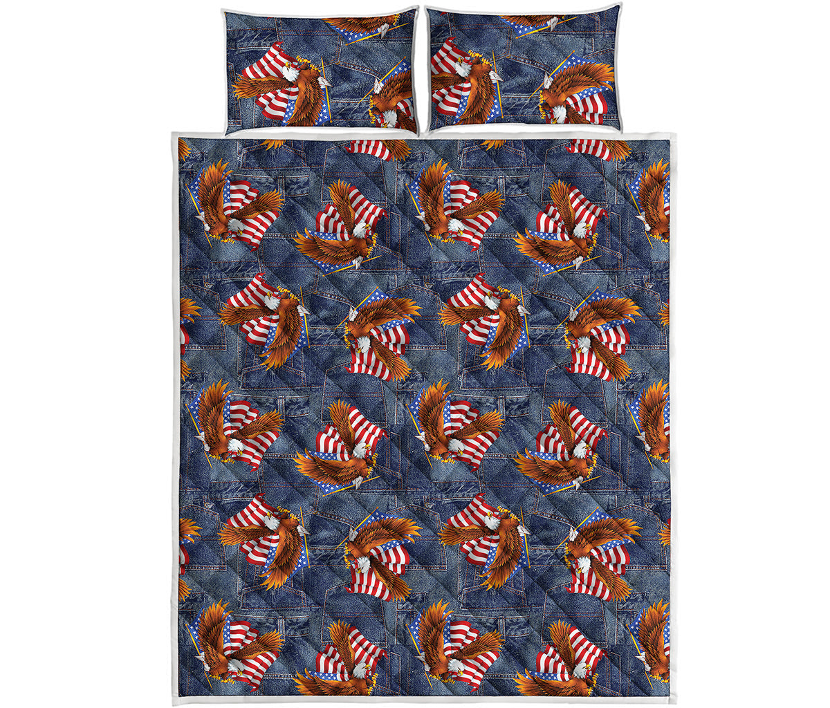 Denim American Eagle Pattern Print Quilt Bed Set