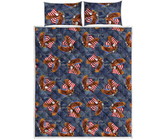 Denim American Eagle Pattern Print Quilt Bed Set