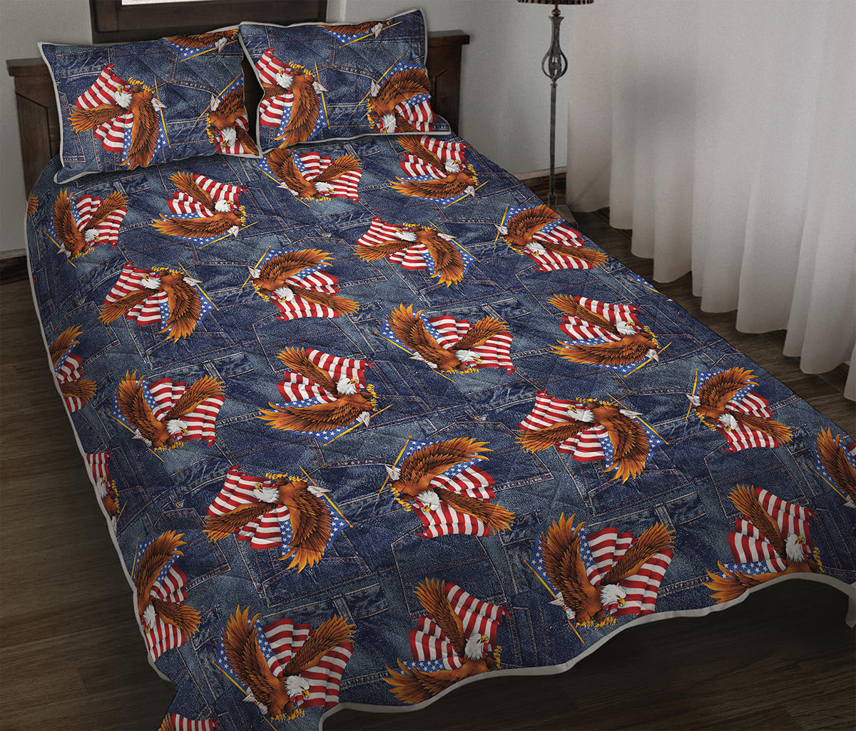 Denim American Eagle Pattern Print Quilt Bed Set