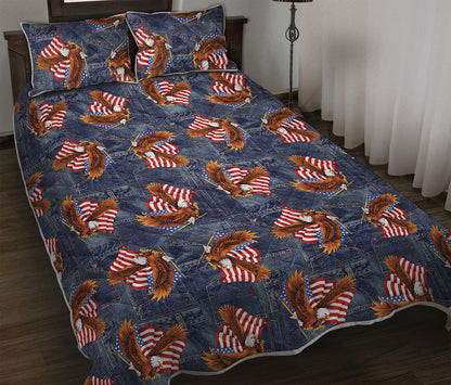 Denim American Eagle Pattern Print Quilt Bed Set