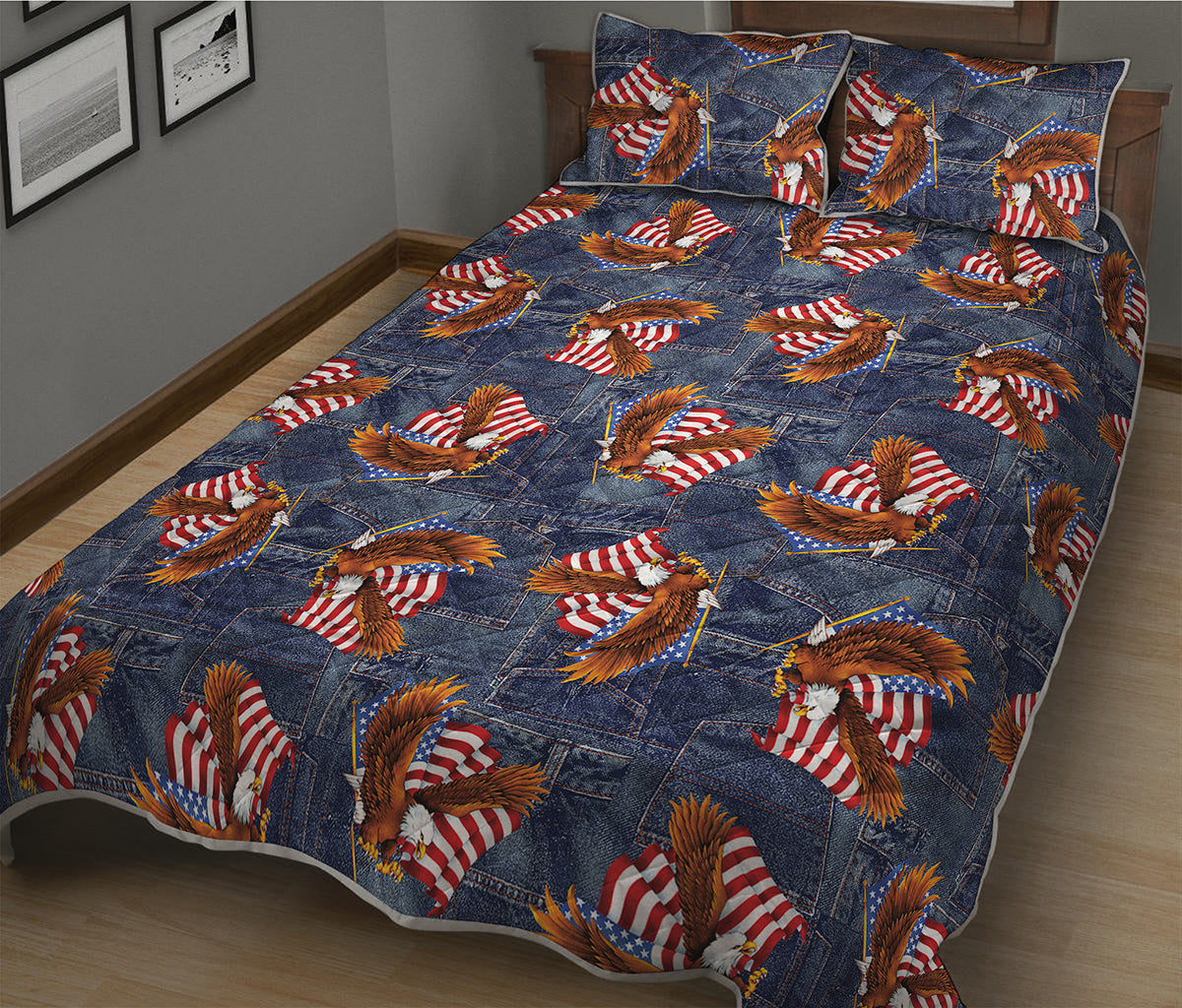Denim American Eagle Pattern Print Quilt Bed Set