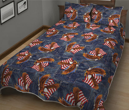 Denim American Eagle Pattern Print Quilt Bed Set