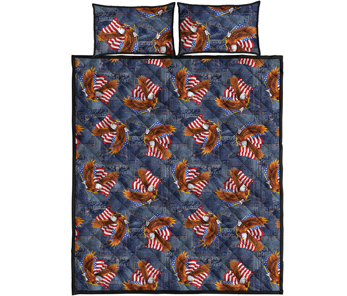 Denim American Eagle Pattern Print Quilt Bed Set