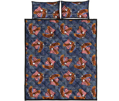 Denim American Eagle Pattern Print Quilt Bed Set