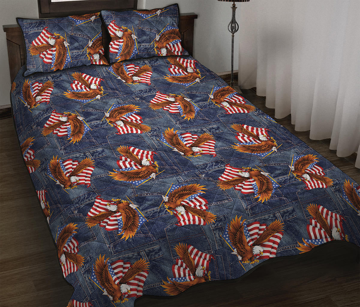 Denim American Eagle Pattern Print Quilt Bed Set