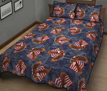 Denim American Eagle Pattern Print Quilt Bed Set