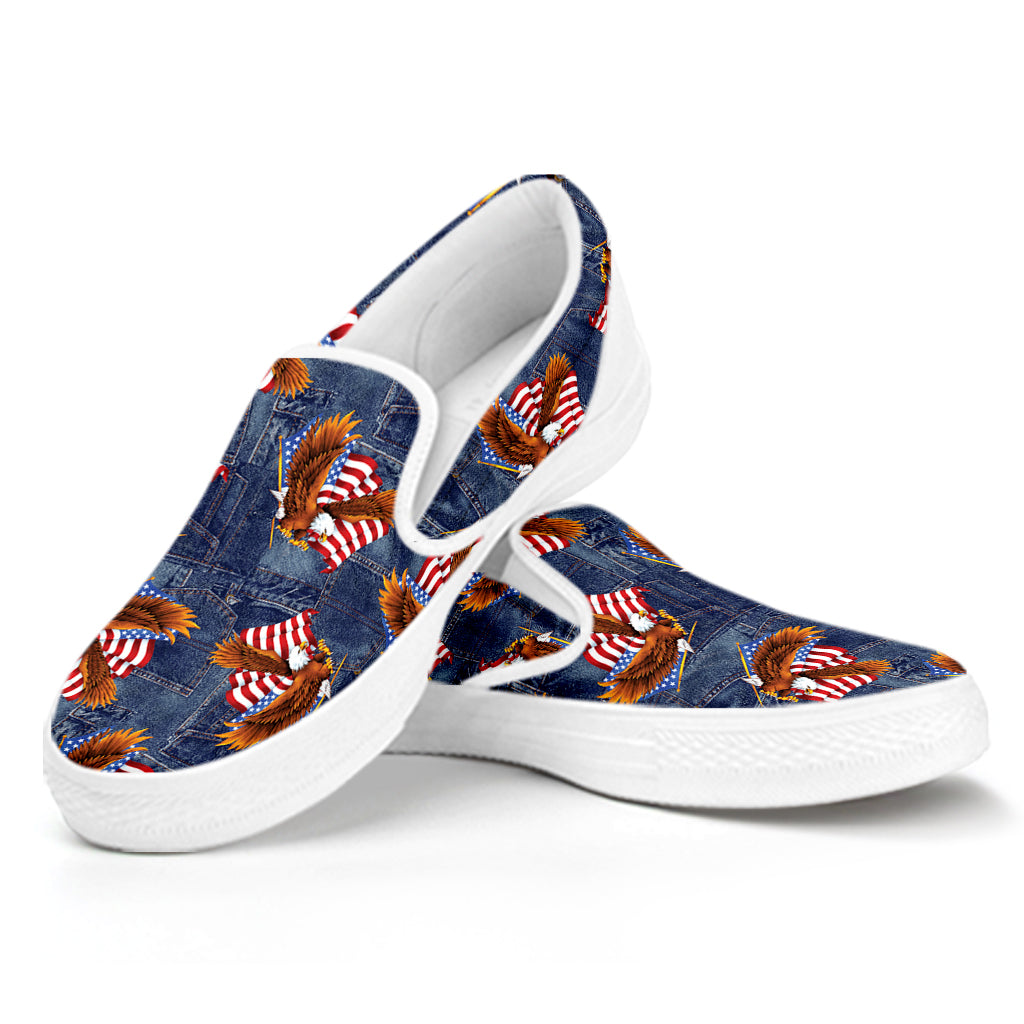 Denim American Eagle Pattern Print White Slip On Shoes