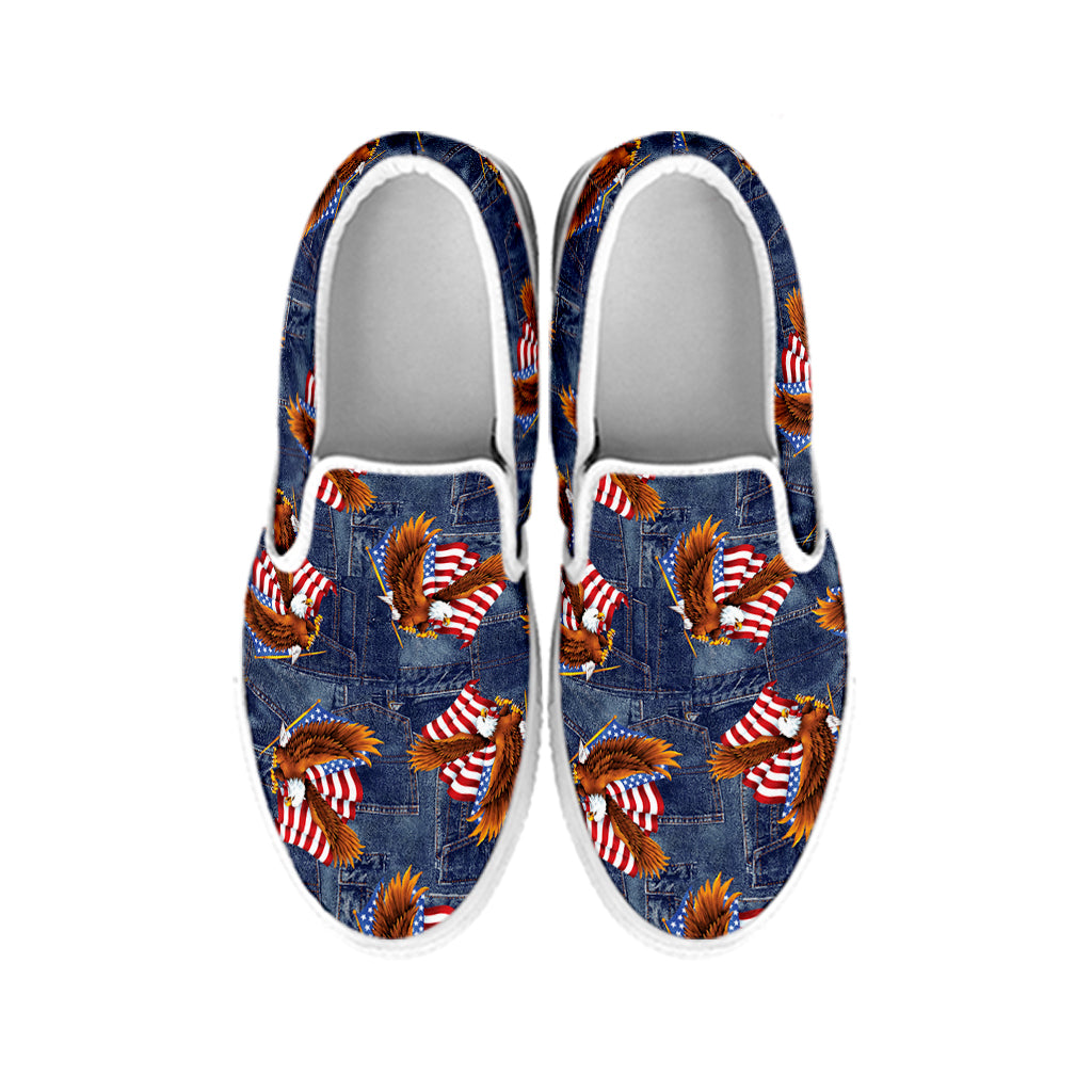 Denim American Eagle Pattern Print White Slip On Shoes