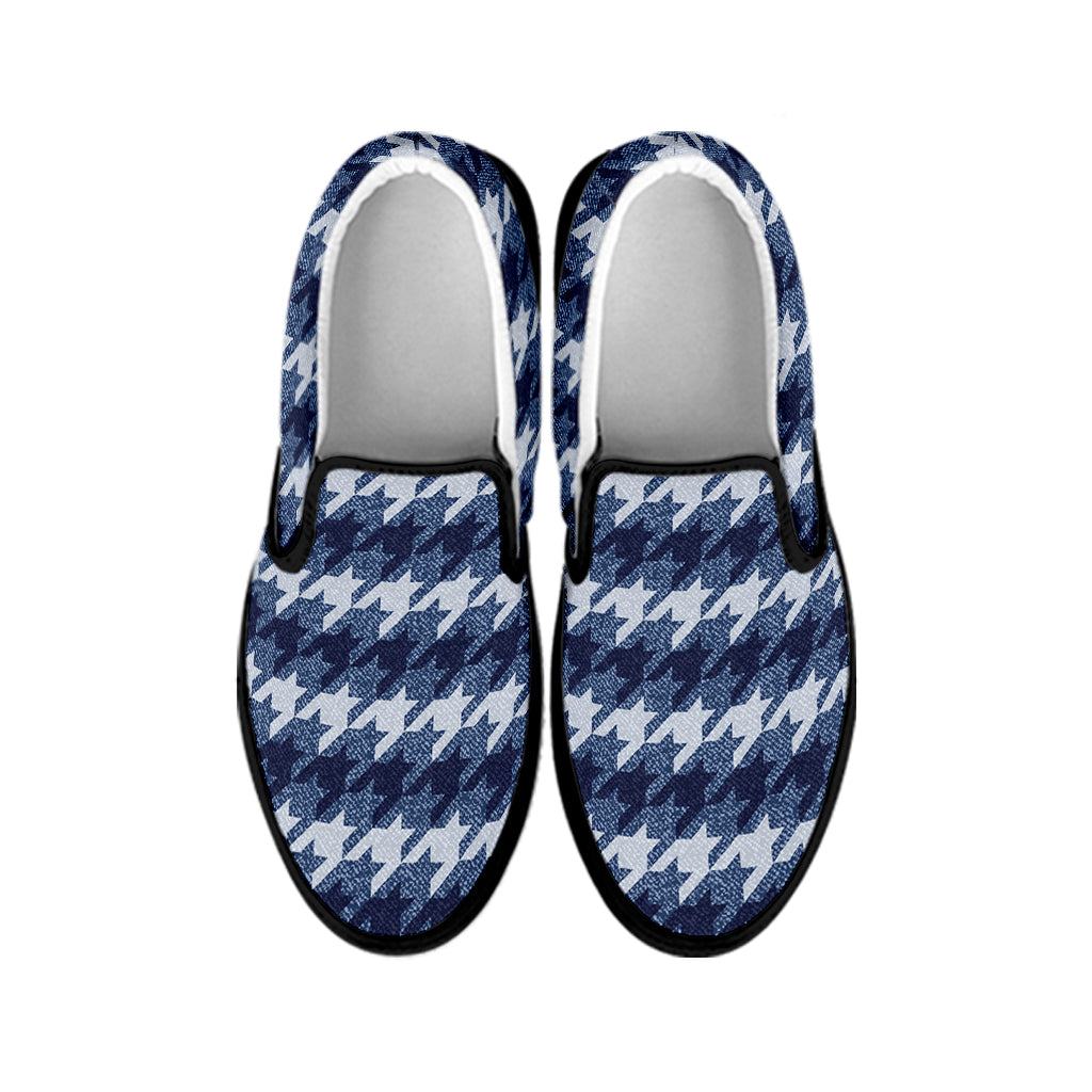 Denim Houndstooth Pattern Print Black Slip On Shoes