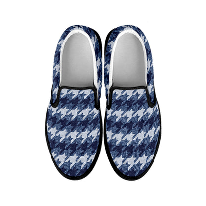 Denim Houndstooth Pattern Print Black Slip On Shoes