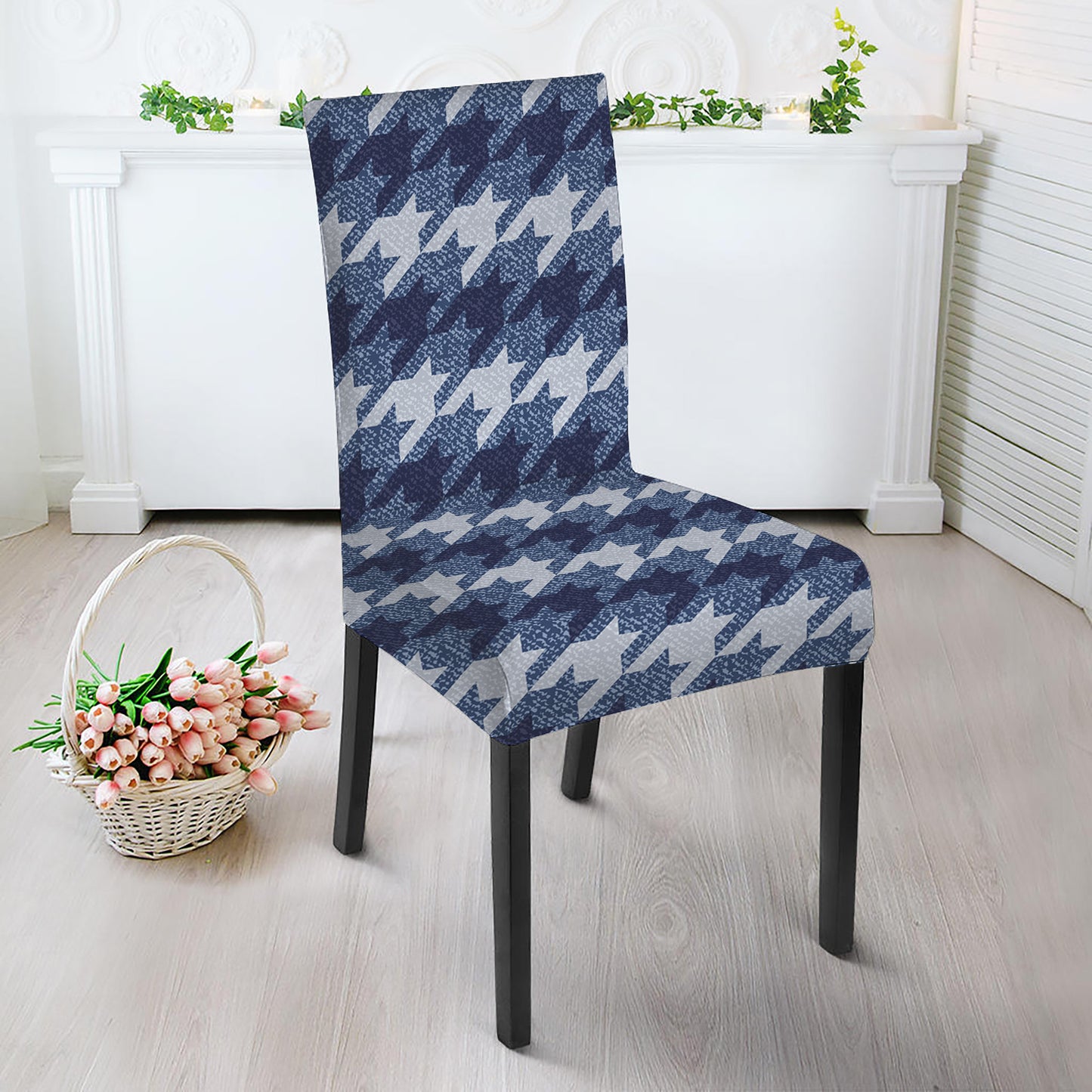 Denim Houndstooth Pattern Print Dining Chair Slipcover