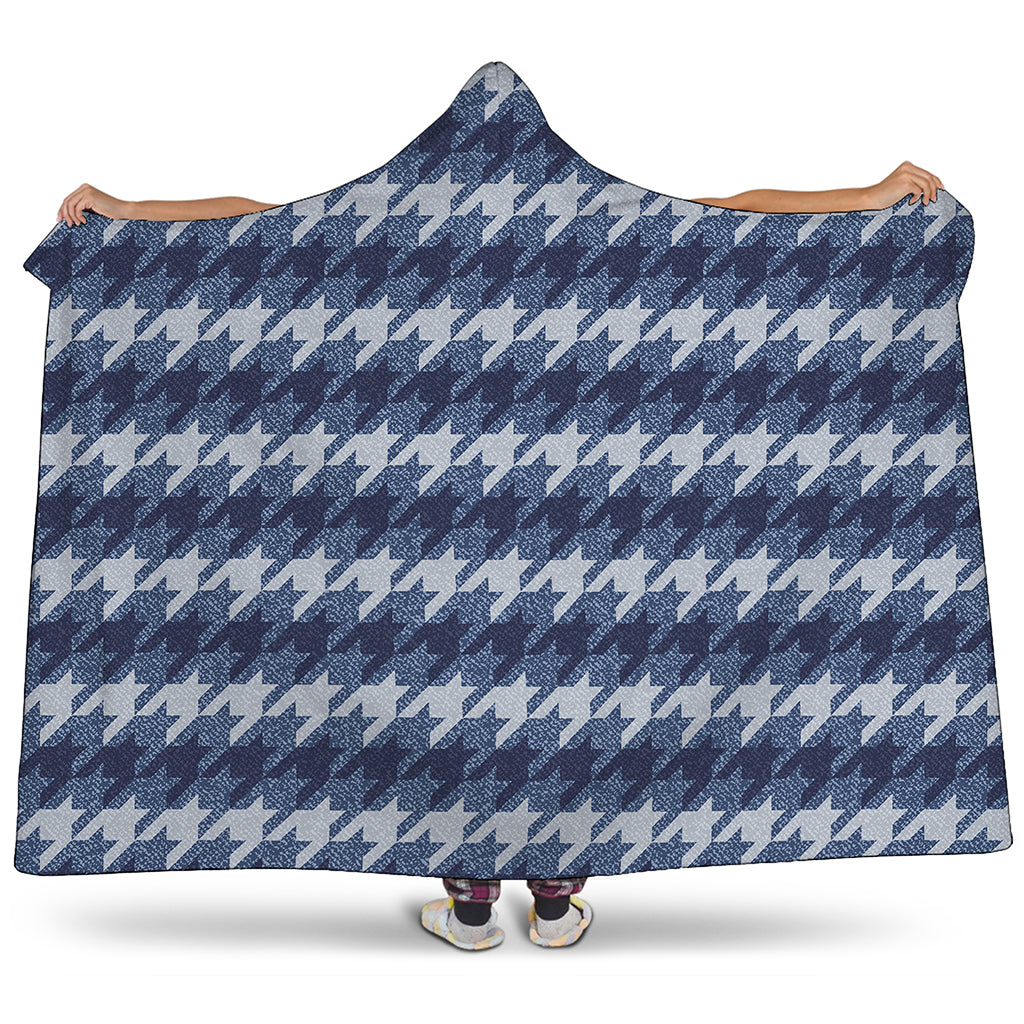 Denim Houndstooth Pattern Print Hooded Blanket
