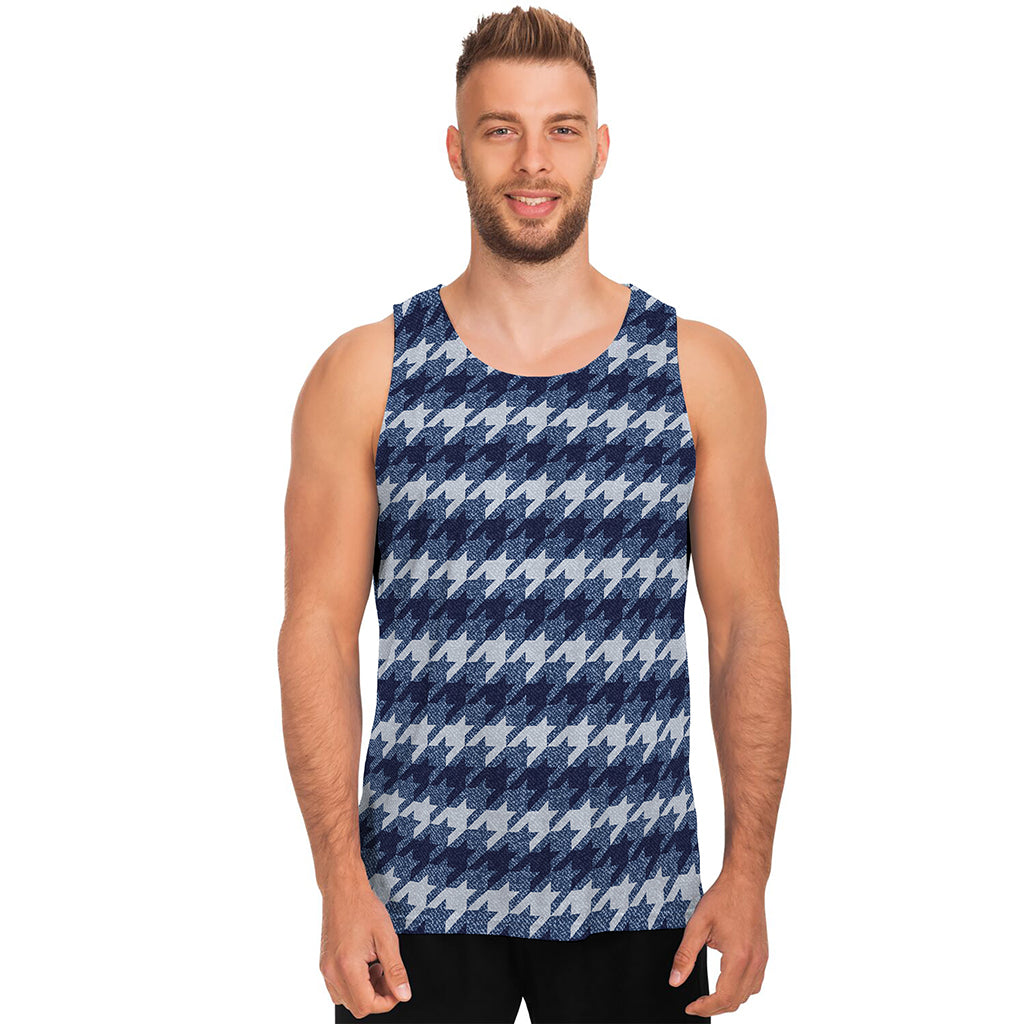 Denim Houndstooth Pattern Print Men's Tank Top