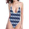 Denim Houndstooth Pattern Print One Piece High Cut Swimsuit