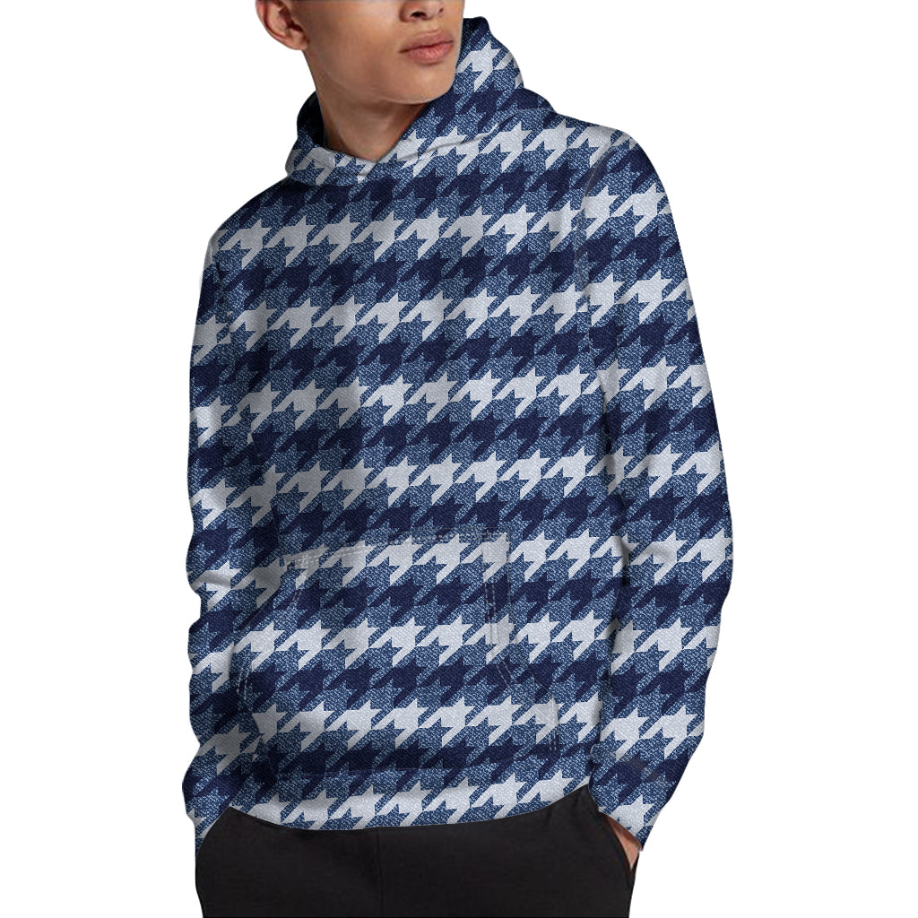 Denim Houndstooth Pattern Print Pullover Hoodie