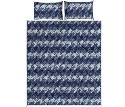 Denim Houndstooth Pattern Print Quilt Bed Set