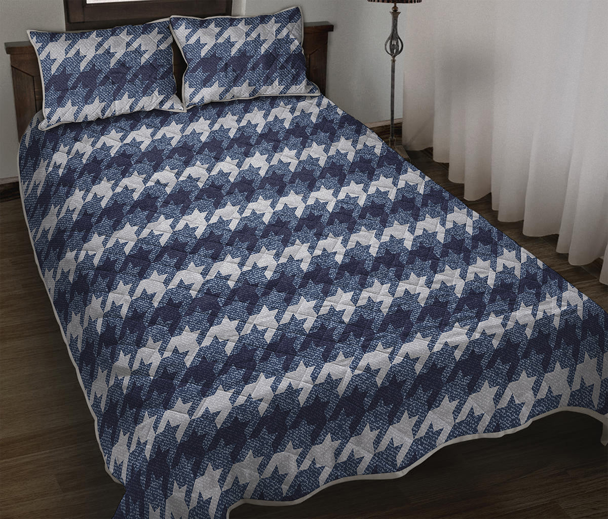 Denim Houndstooth Pattern Print Quilt Bed Set