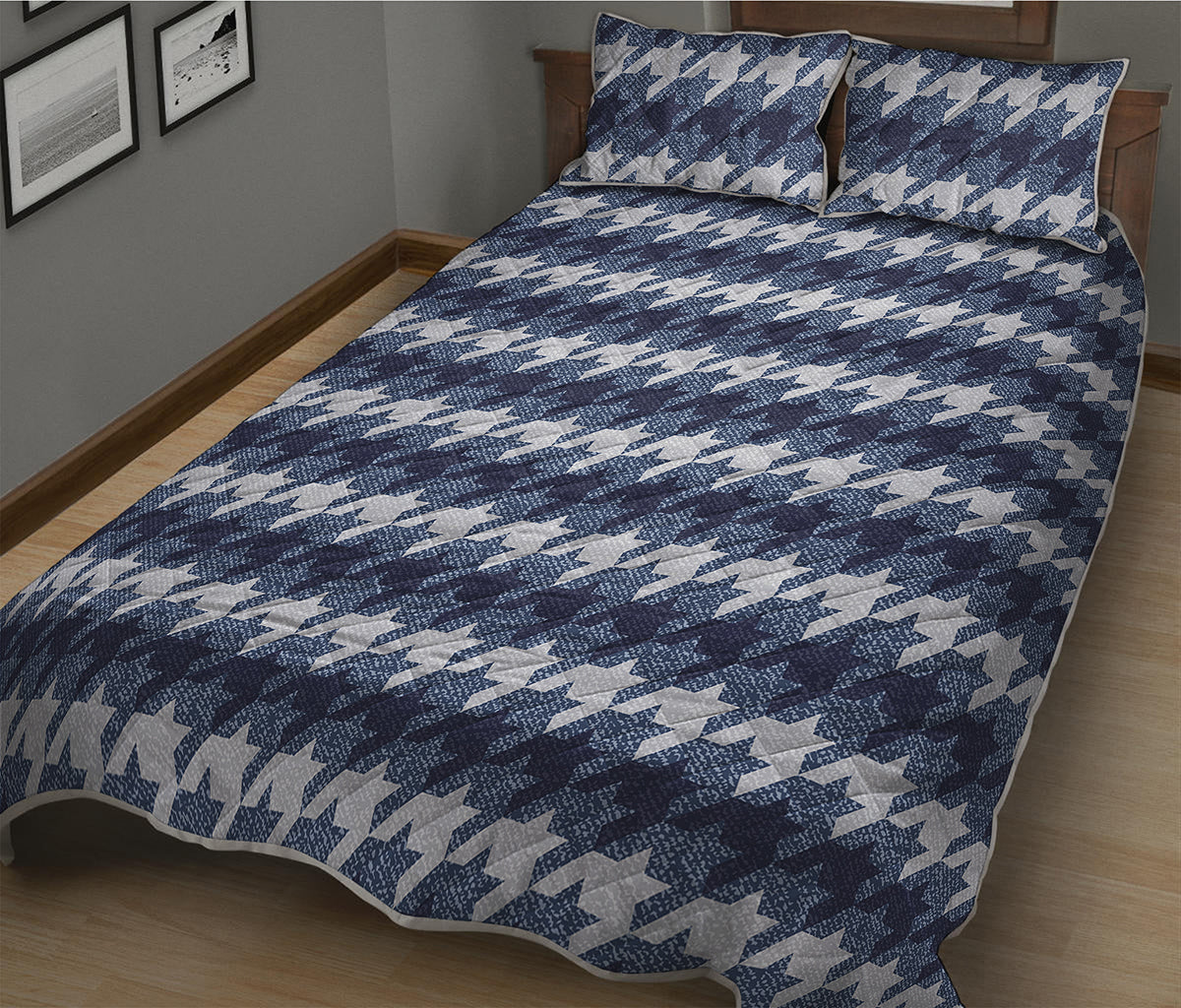 Denim Houndstooth Pattern Print Quilt Bed Set