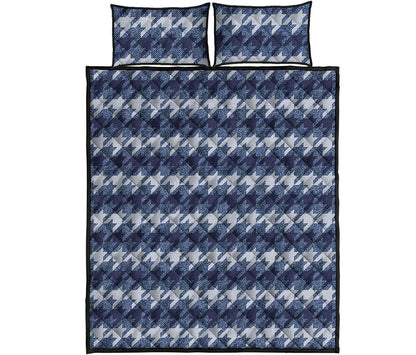 Denim Houndstooth Pattern Print Quilt Bed Set