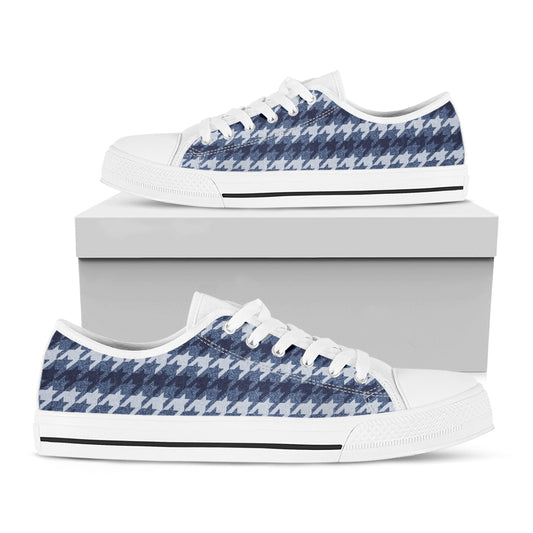 Denim Houndstooth Pattern Print White Low Top Shoes