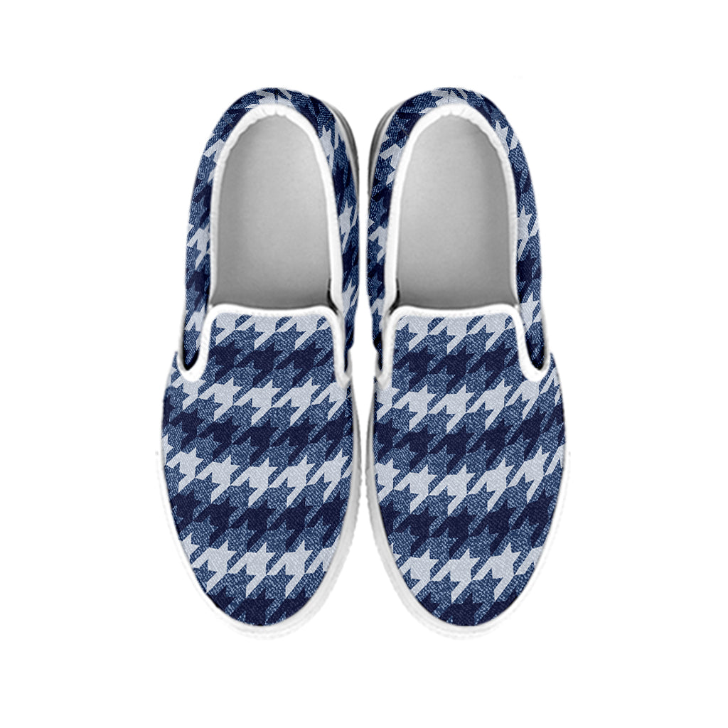 Denim Houndstooth Pattern Print White Slip On Shoes