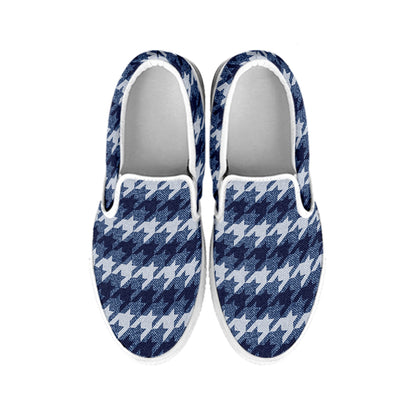 Denim Houndstooth Pattern Print White Slip On Shoes