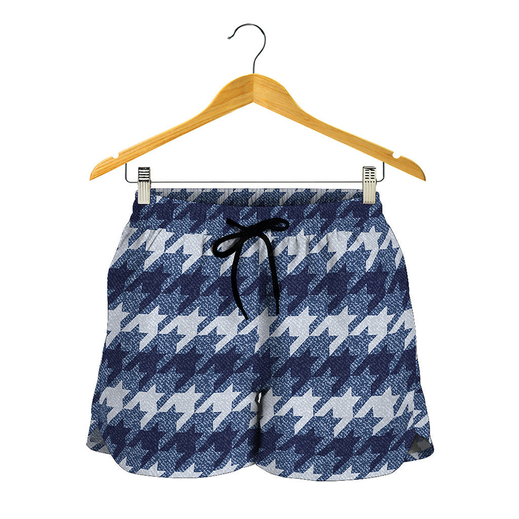 Denim Houndstooth Pattern Print Women's Shorts